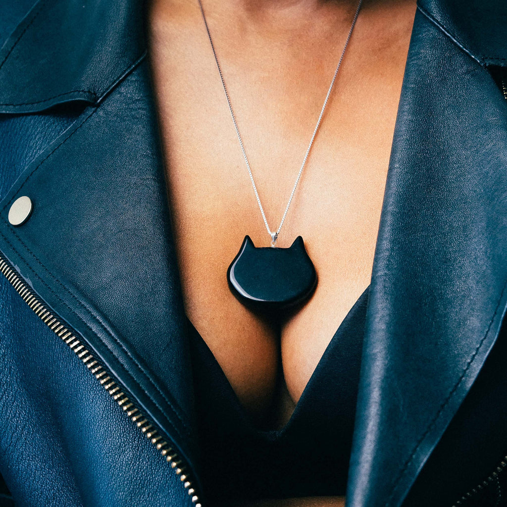 Black Obsidian Cat Necklace With Real 925 Silver Box Chain