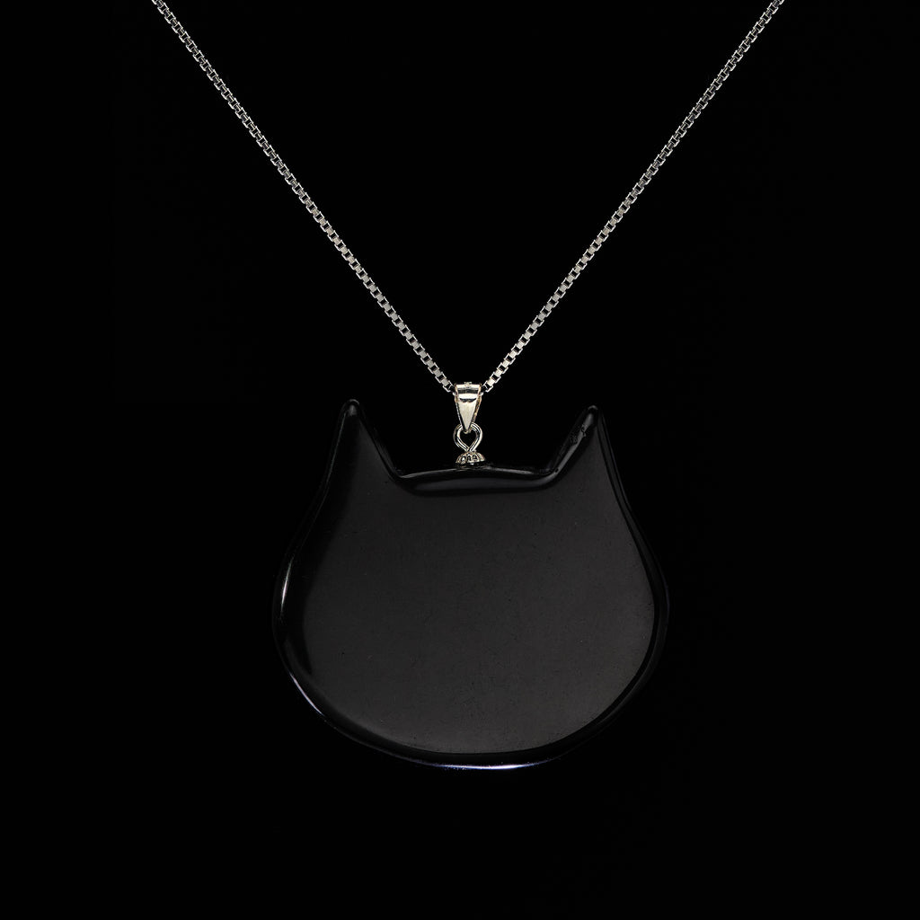 Black Obsidian Cat Necklace With Real 925 Silver Box Chain
