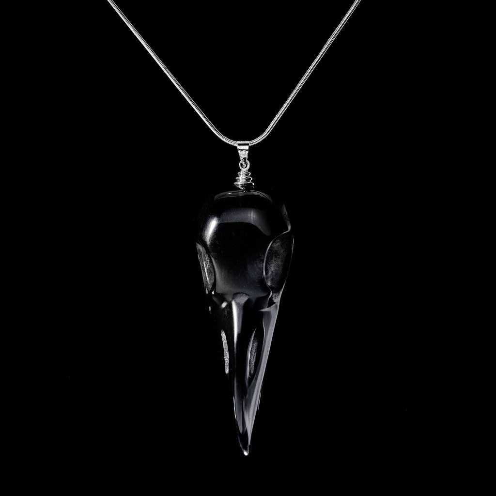 Black Obsidian Crystal Healing Raven Skull with Real Silver 925 Snake Chain from The Rishis Are Back Collection