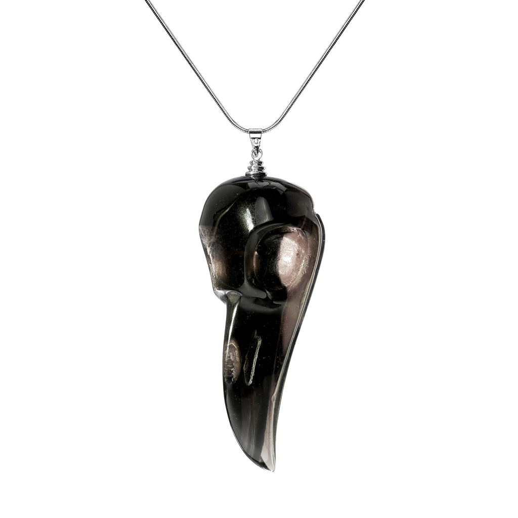 Black Obsidian Crystal Healing Raven Skull with Real Silver 925 Snake Chain by The Rishis Are Back Collection